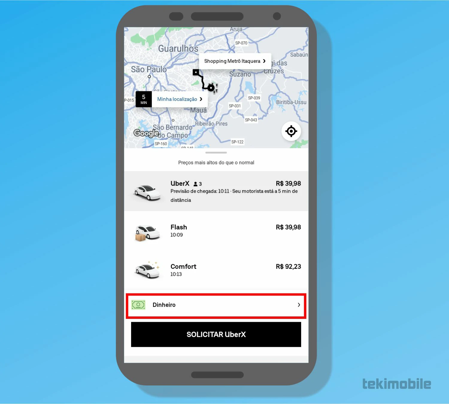 Toque nessa opção para trocar a forma de como você gostaria de pagar a sua corrida - Como chamar um Uber