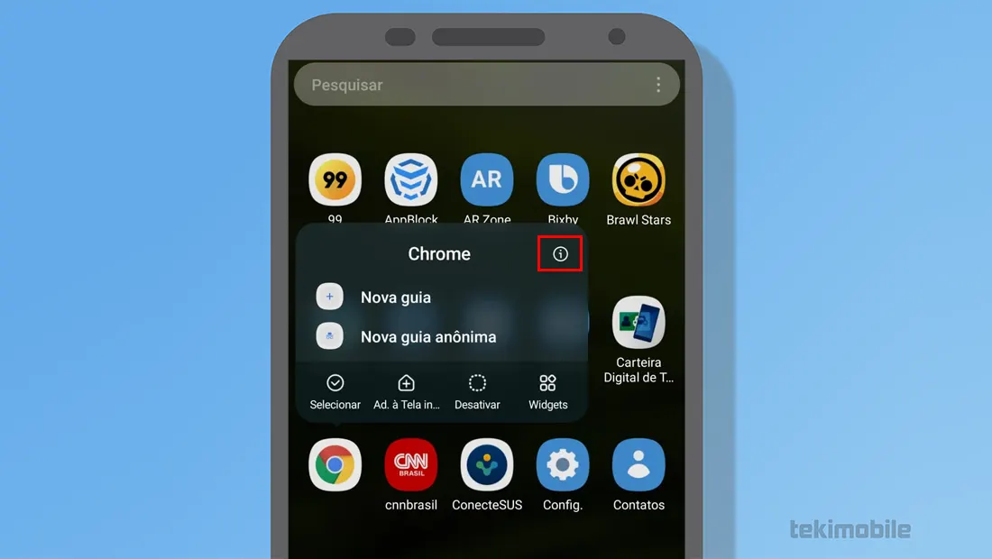 Toque no ícone de i no app