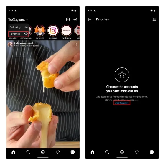 Toque sobre Instagram no canto superior e, em seguida, Favoritos para adicionar seus contatos favoritos da rede social - Instagram: como ativar feed cronológico