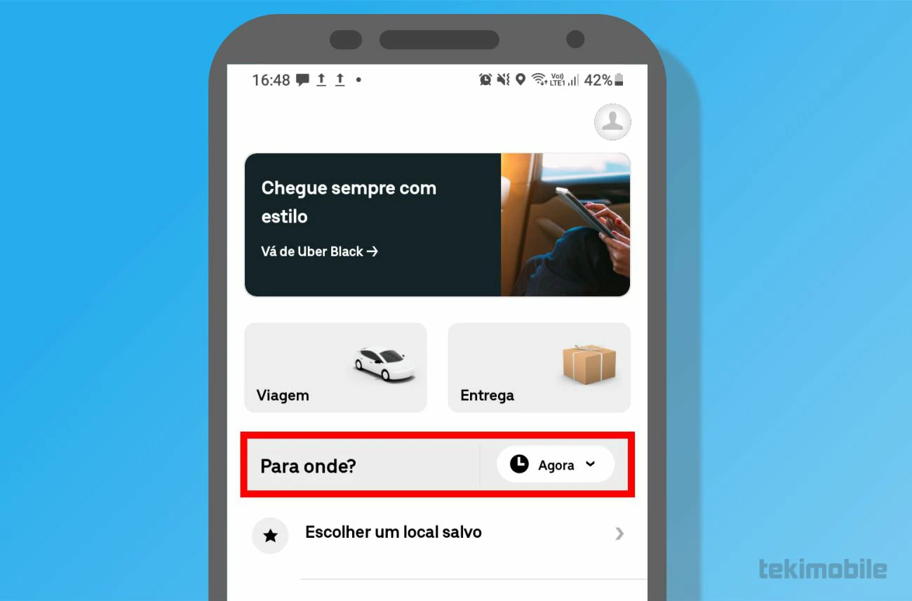 Toque sobre Para onde para digitar o local desejado da sua viagem - Como chamar um Uber