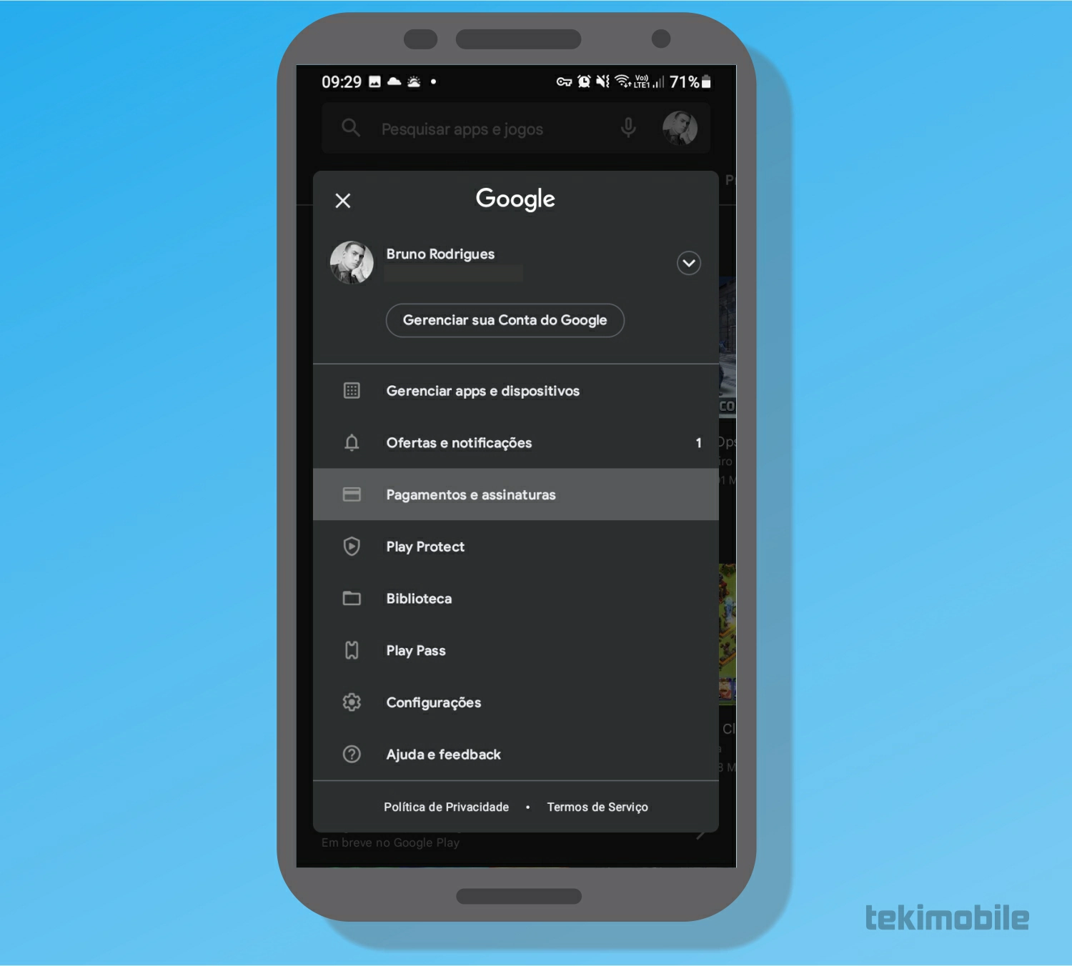 Toque sobre a opção Pagamentos e assinaturas - Como usar saldo da Play Store no Recarga Jogo