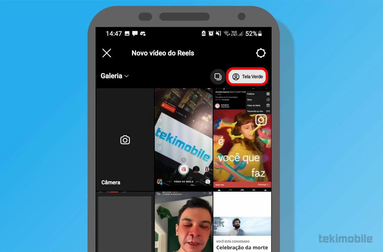 Toque sobre a opção de Tela Verde no canto superior a direita para adicionar sua imagem ou vídeo no fundo do Reels- Como apagar fundo no Reels do Instagram