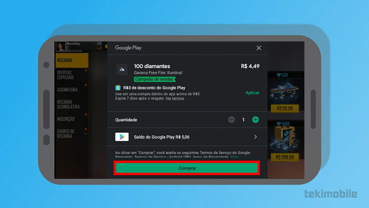 Toque sobre o botão Comprar - Como usar saldo da Play Store no Recarga Jogo