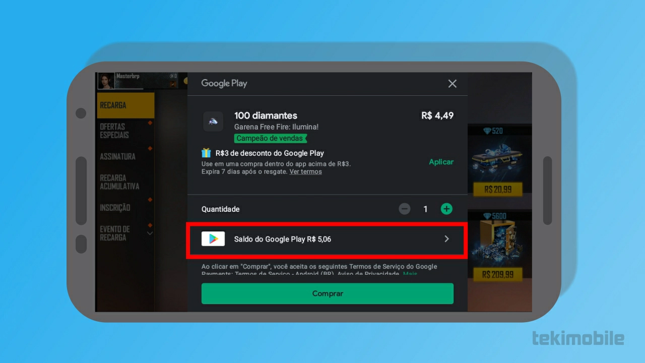 Toque sobre o campo destacado para trocar sua opção de pagamento - Como usar saldo da Play Store no Recarga Jogo