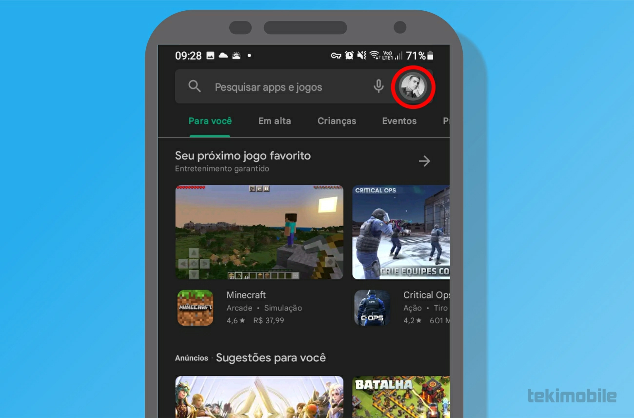 Toque sobre o ícone do seu perfil - Como usar saldo da Play Store no Recarga Jogo