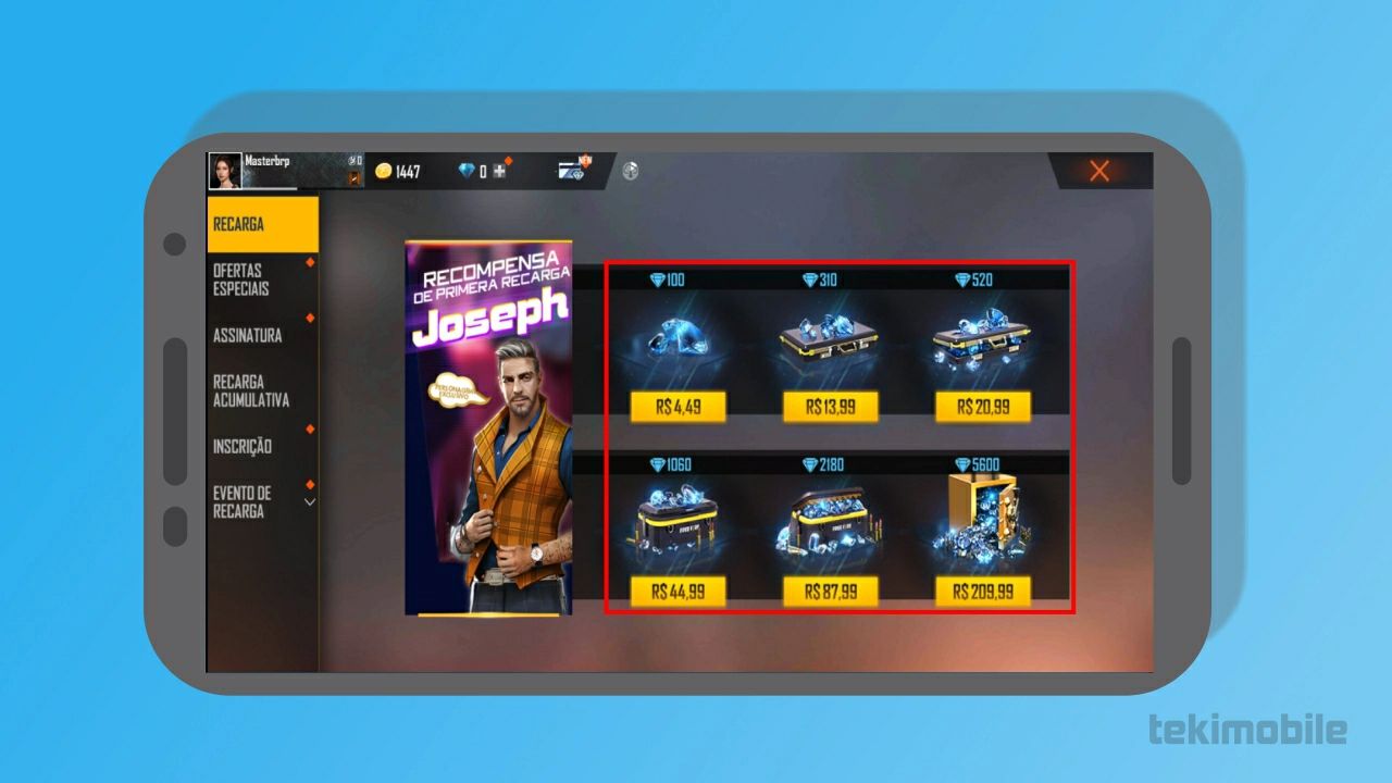 Toque sobre o valor desejado para trocar seu saldo por diamantes - Como usar saldo da Play Store no Recarga Jogo