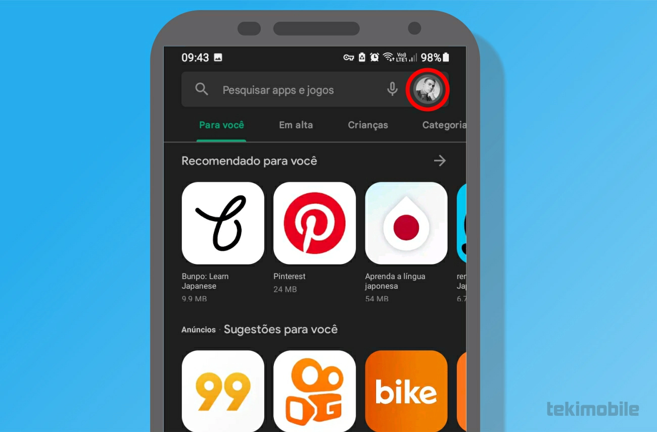 Toque sobre sua foto de perfil - Como apagar histórico do Google Play Store