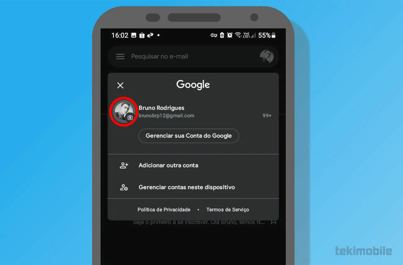 Toque sobre sua foto de perfil novamente localizada no canto esquerdo dessa vez - Como mudar a foto de perfil do Google