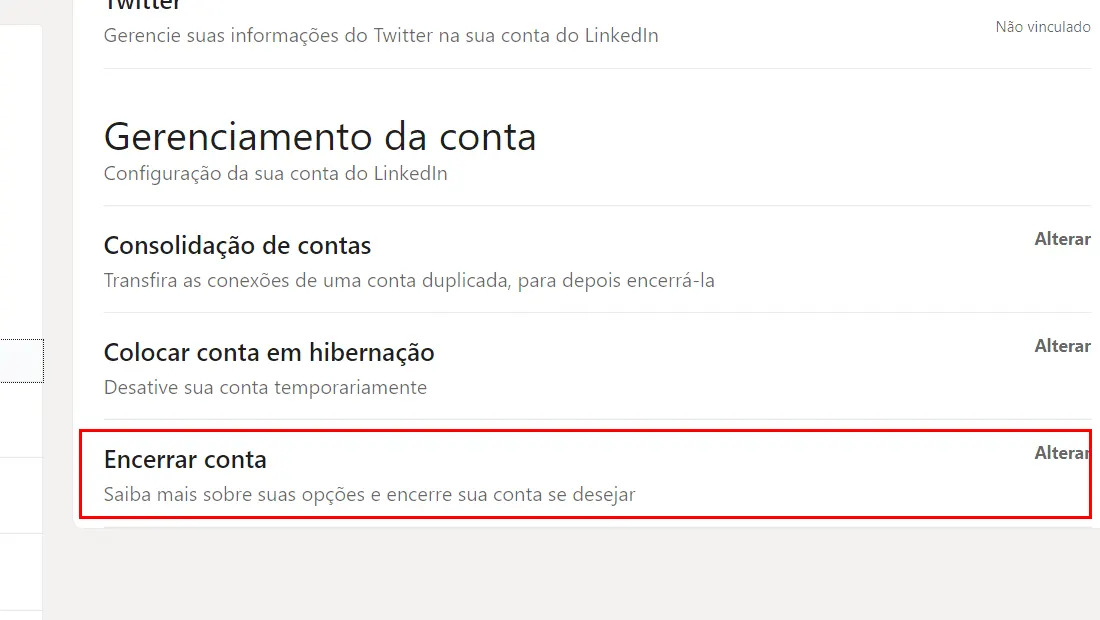 Vá ate a aba Encerrar conta para aprender como excluir conta do Linkedin