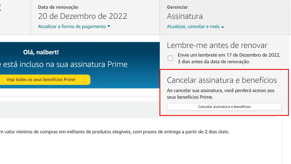 Vá em Cancelar assinaturas e benefícios