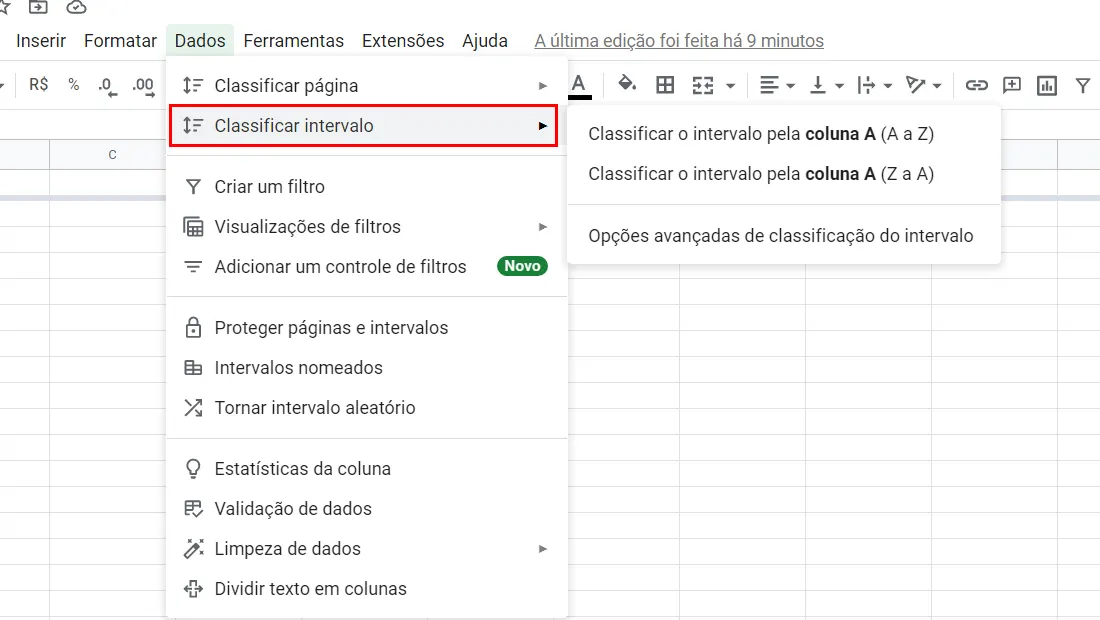 Vá em Classificar intervalo na aba exibida