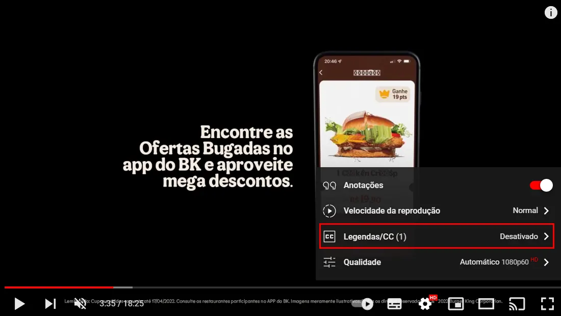 Vá em Legendas na janela