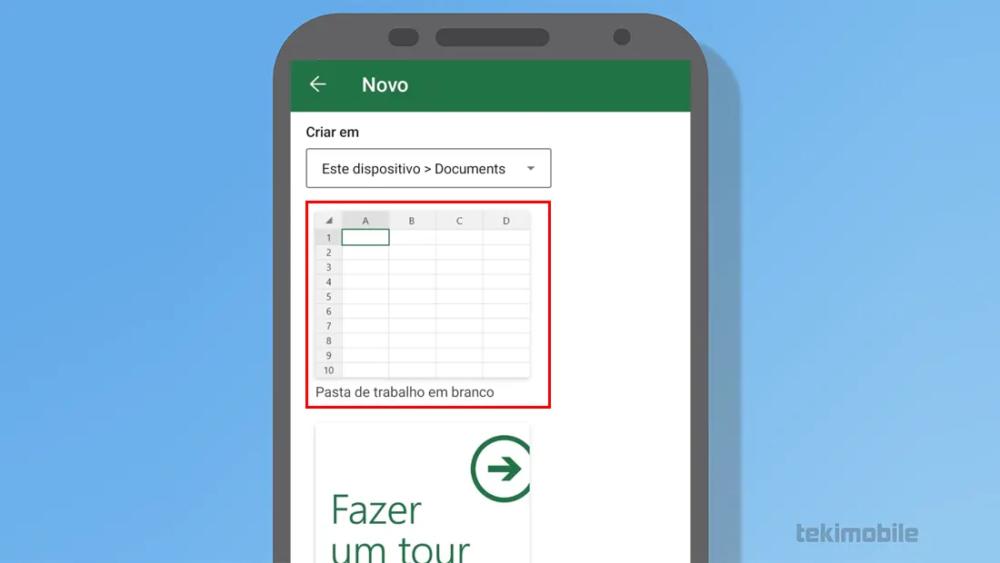Vá em Pasta de trabalho em branco para abrir sua nova planilha