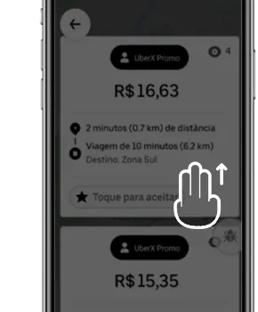 Deslize pela tela para encontrar a melhor opção de corrida de acordo com sua opção de trajeto - o que é uber promo