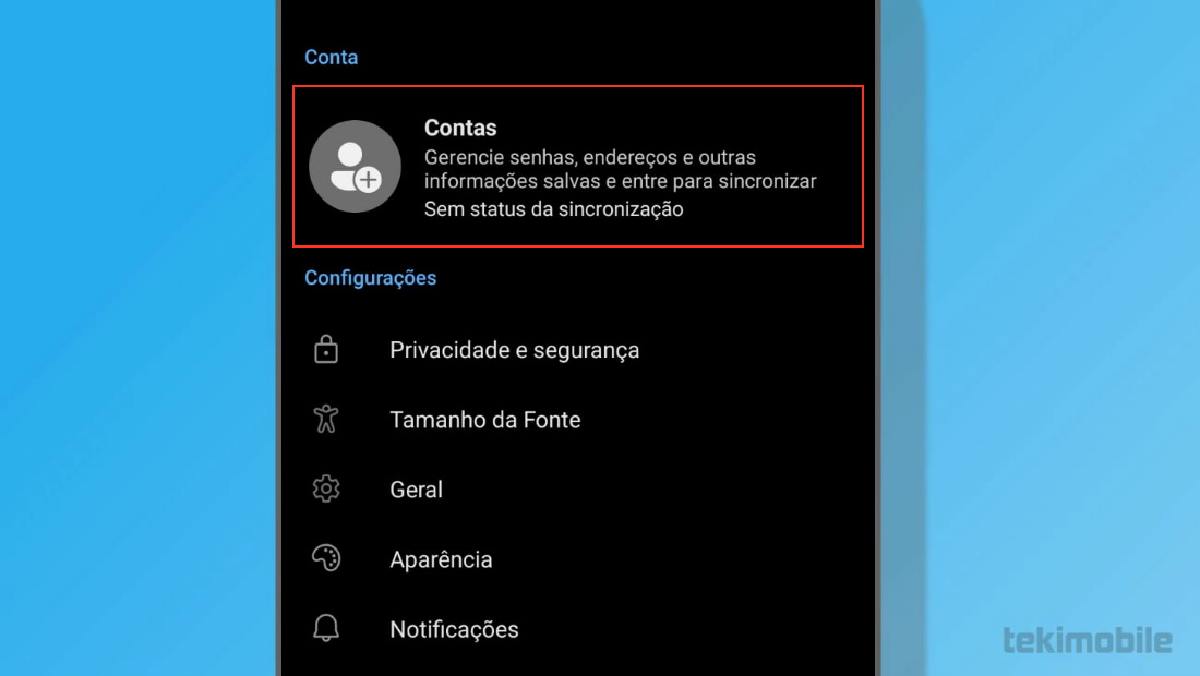 A aba de Contas é a primeira a ser exibida