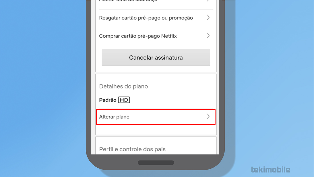 A opção Alterar plano é exibida no navegador