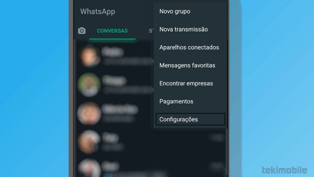 A opção de configurações é a última exibida