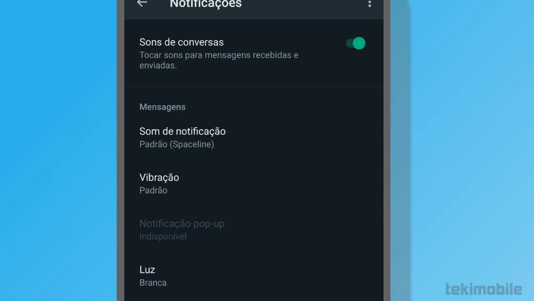 A opção de sons de notificação será mostrado logo abaixo