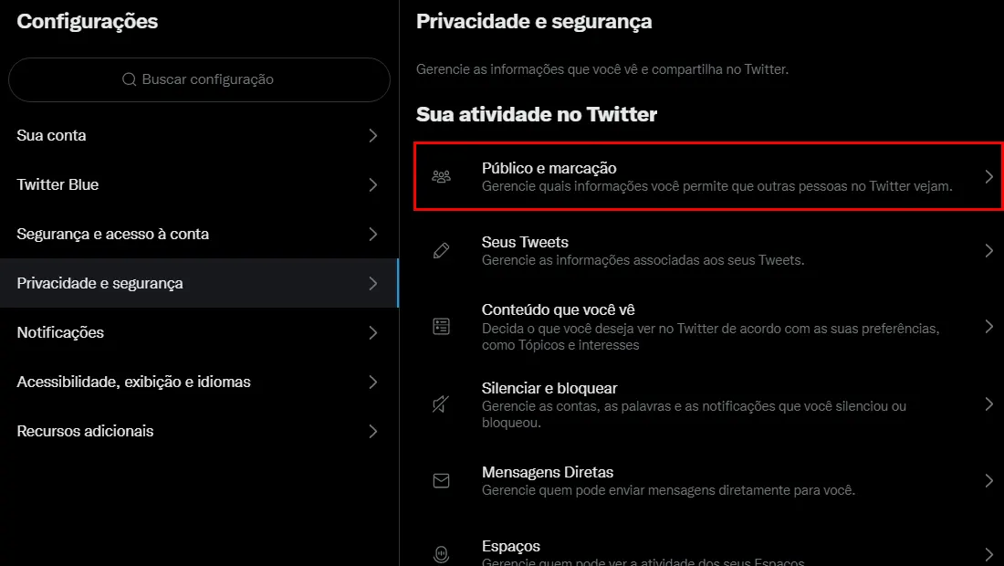 A opção é a primeira exibida na lista
