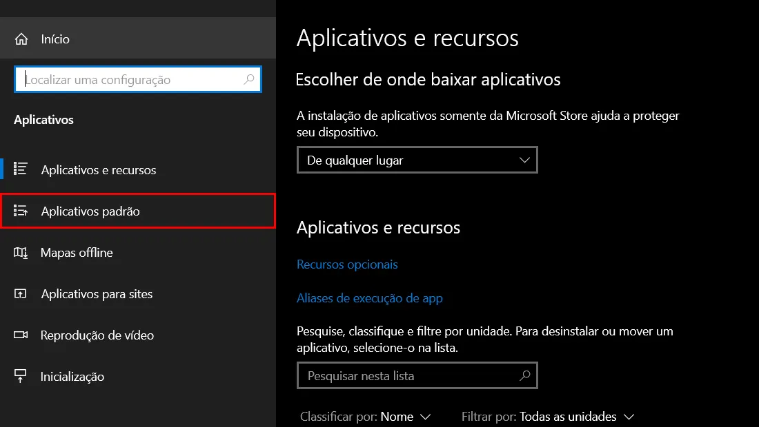 A opção está localizada no painel a esquerda