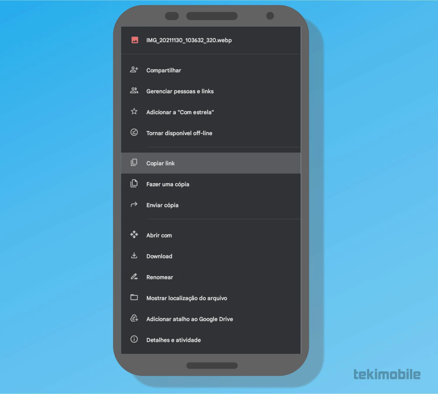 Ao tocar sobre mais opções do arquivo mais uma vez, o menu será revelado com foco novamente em sua tela. Agora, selecione copiar link e cole nas suas redes para compartilhar com seus contatos selecionados - Como compartilhar no Google Drive