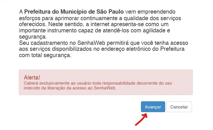 Acesse o site de cadastro da senha web e clique sobre o botão Avançar no canto inferior direito da página - Como emitir nota fiscal MEI