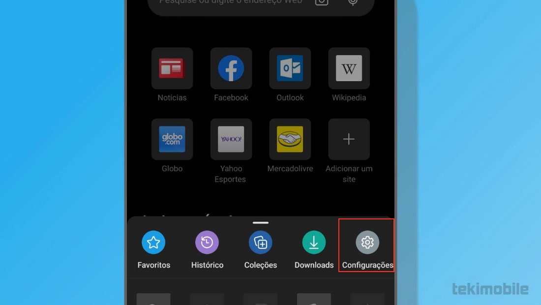 Além das configurações outras opções são exibidas