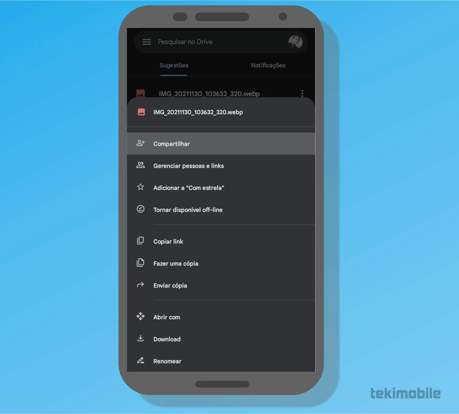 Assim que selecionar o menu de mais opções no passo anterior, selecione a opção de Compartilhar para escolher seus contatos - Como compartilhar no Google Drive