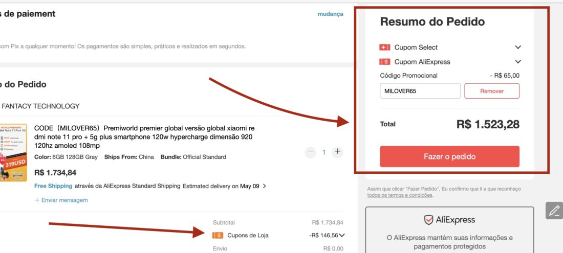 Loja do Aliexpress vendendo o Redmi NOte 11 Pro Plus por 1.523