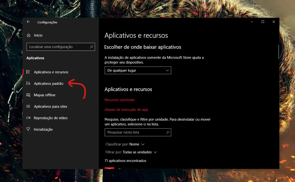 Clique em Aplicativos padrão - como desinstalar microsoft edge