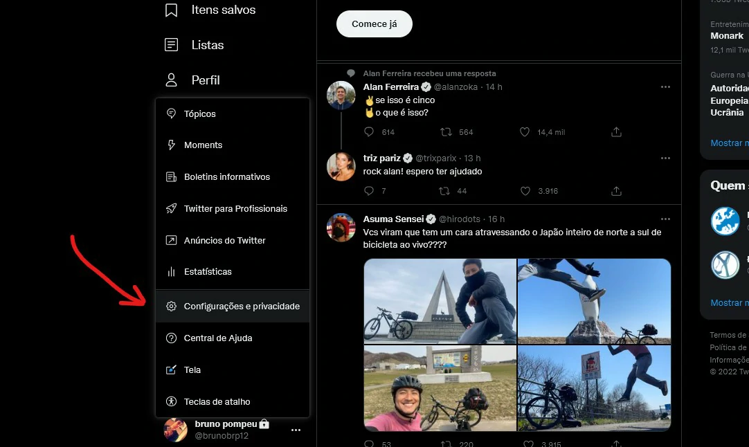 Clique em Configurações - Como mudar o @ do Twitter