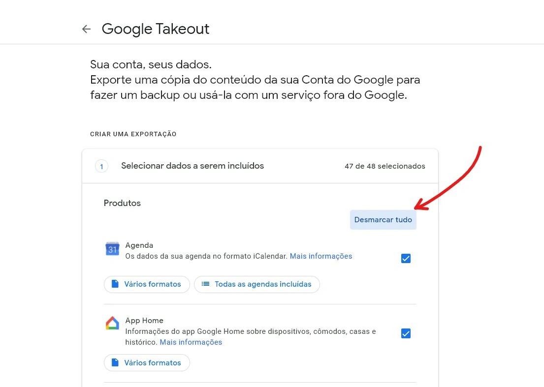 Clique em Desmarcar - Como baixar e-mails do Gmail para o PC