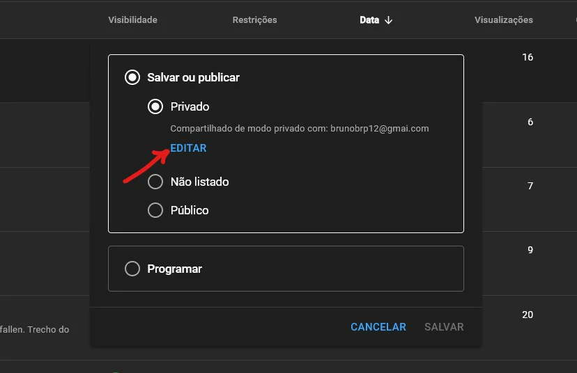 Clique em Editar - Como compartilhar video privado do Youtube