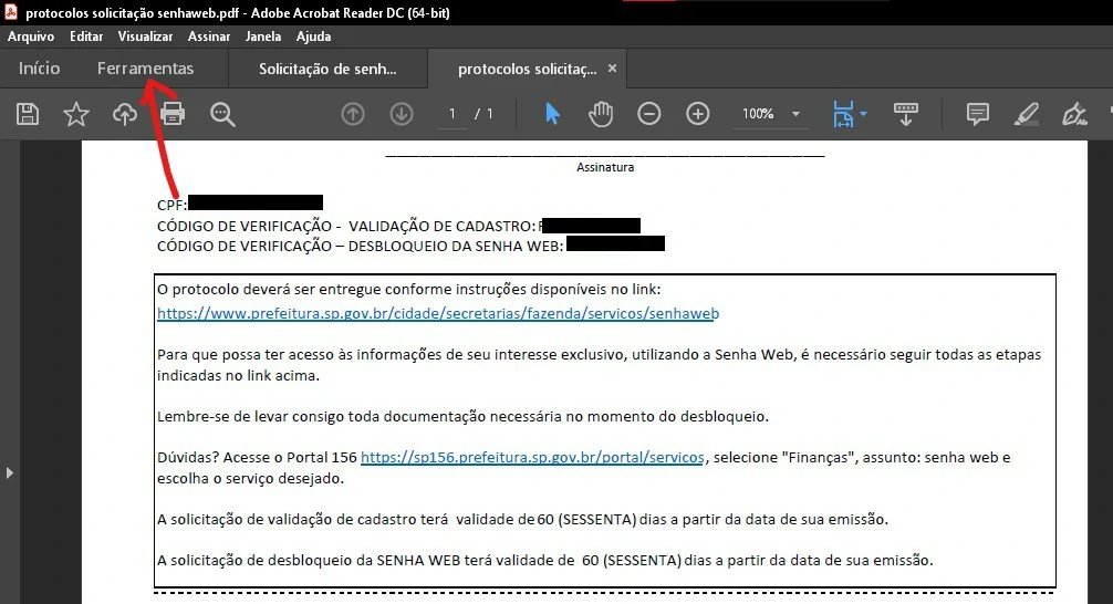 Clique em Ferramentas - Como assinar PDF com certificado digital
