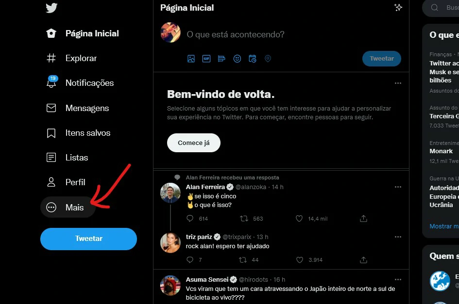 Clique em Mais - Como mudar o @ do Twitter