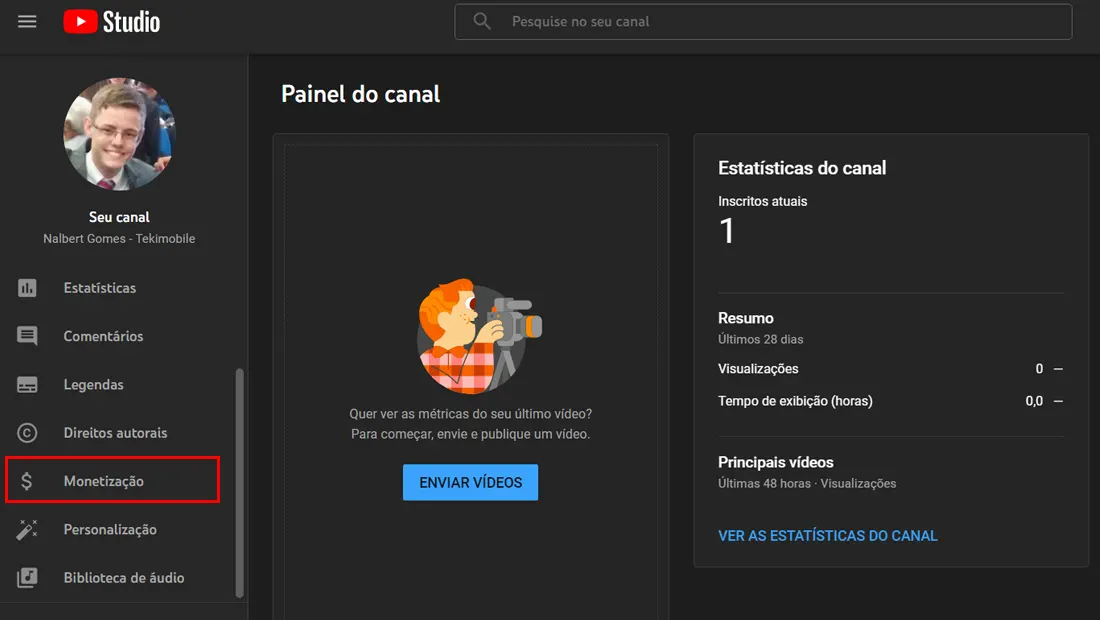 Clique em Monetização no canto esquerdo