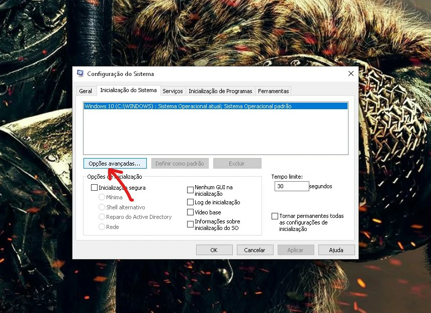 Clique em Opções - Como ativar núcleos do processador no PC