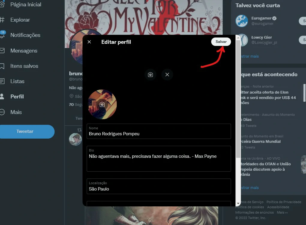 Clique em Salvar - Como mudar o @ do Twitter