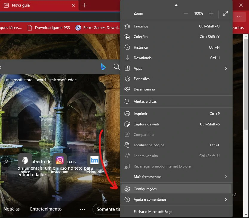 Clique em configurações - Como limpar cache do Microsoft Edge