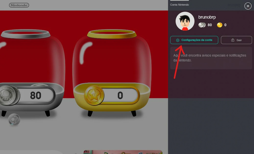 Clique em configurações de conta - Como comprar jogos nintendo switch