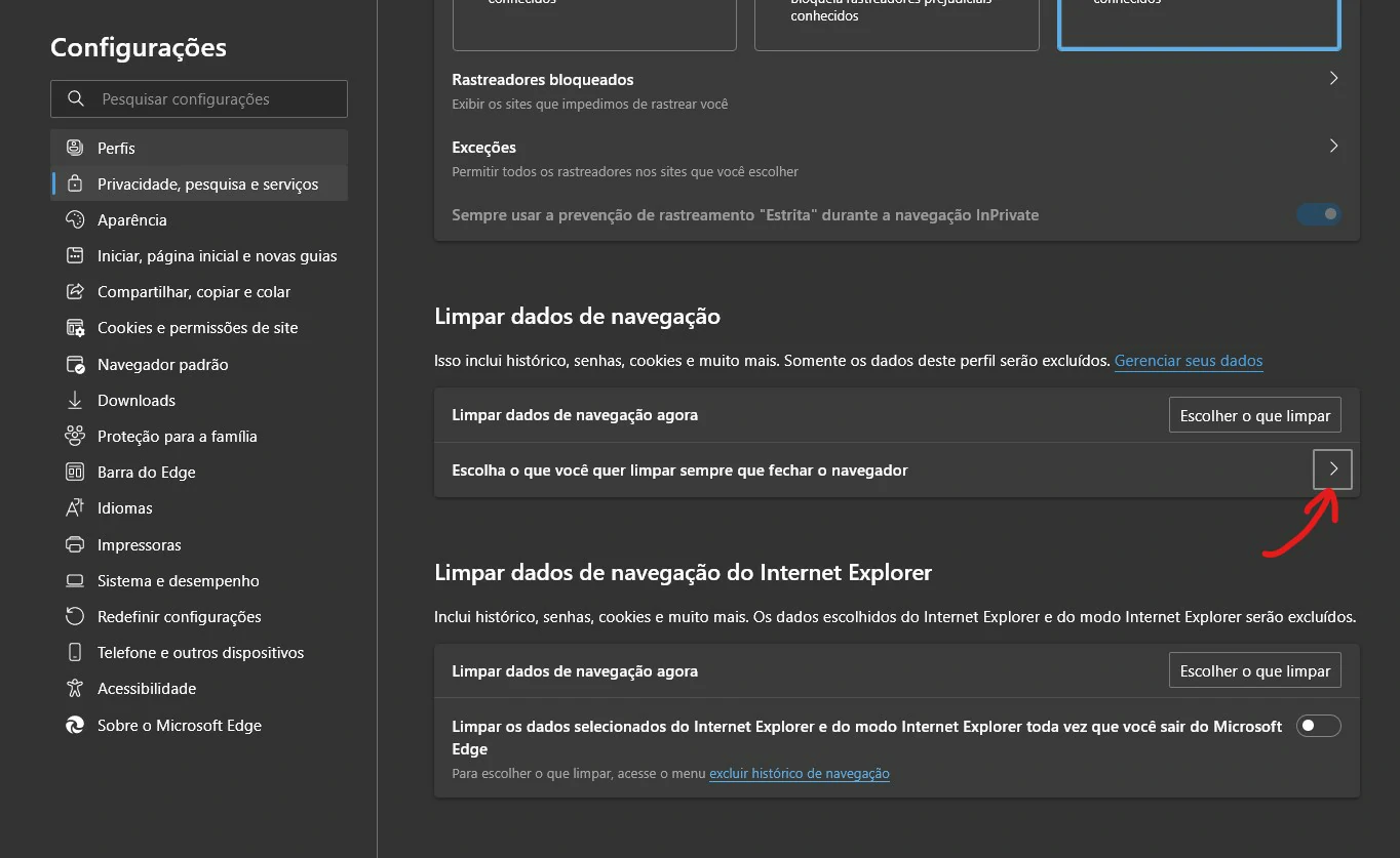Clique em limpar sempre que fechar - Como limpar cache do Microsoft Edge