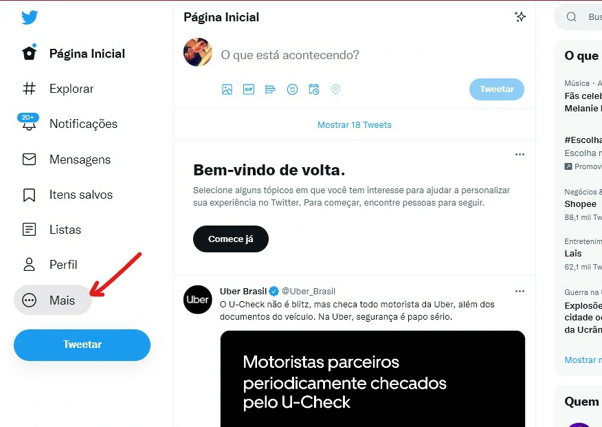 Clique em mais - Como deixar o Twitter preto