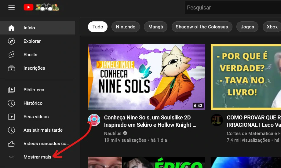 Clique em mostrar - Como deletar uma playlist do YouTube