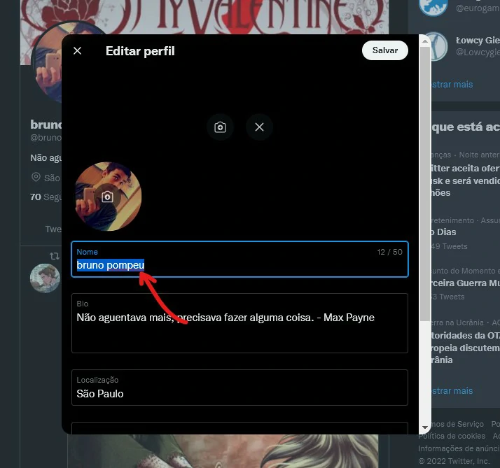 Clique em seu nome - Como mudar o @ do Twitter