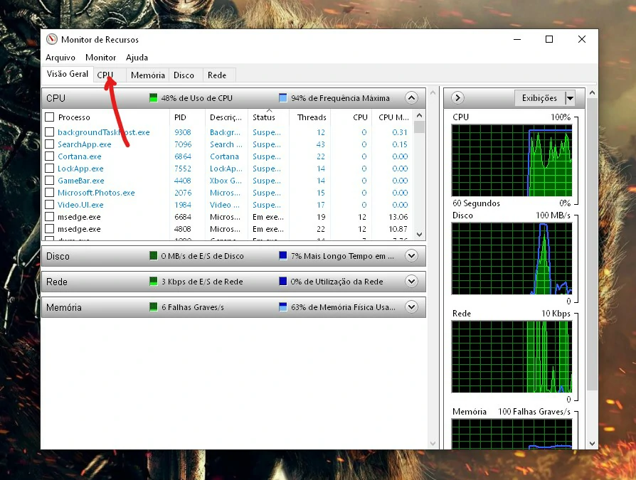 Clique na aba CPU - Como ativar núcleos do processador no PC