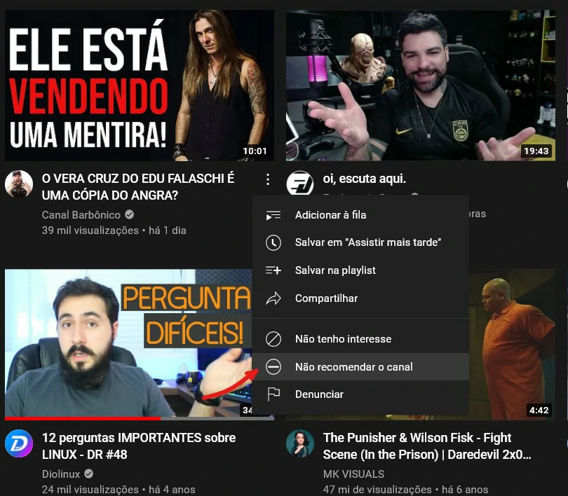 Clique na opção Não recomendar o canal para impedir que os vídeos apereça nos recomendados - Como bloquear vídeos no YouTube