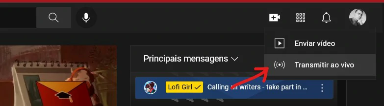 Clique sobre a câmera para mostrar mais opções - Como fazer live no YouTube