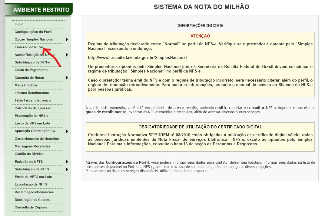 Clique sobre a opção Emissão de NFS-e ou Emissão de NFTS dependendo do tipo de serviço - Como emitir nota fiscal MEI