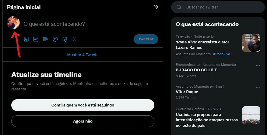 Clique sobre sua foto de perfil na página inicial - Como mudar o nome no Twitter