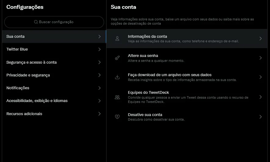 Clique em Sua conta e Informações da conta - Como mudar o nome no Twitter